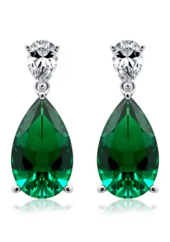 KIERA Rhodium Plated Sterling Silver Emerald Pear Drop Earrings
