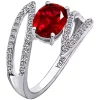 KIERA Rhodium Plated Sterling Silver Cubic Zirconia and Created Ruby Pavé Petal Cross Over Ring