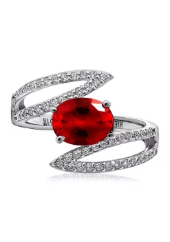 KIERA Rhodium Plated Sterling Silver Cubic Zirconia and Created Ruby Pavé Petal Cross Over Ring -Kiera Sales Store Belk 513