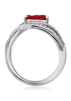 KIERA Rhodium Plated Sterling Silver Cubic Zirconia and Created Ruby Pavé Petal Cross Over Ring -Kiera Sales Store Belk 514