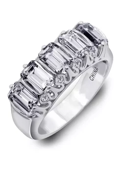 KIERA Rhodium Plated Sterling Silver 3.5 ct. t.w. Emerald Cut Cubic Zirconia 5 Stone Ring