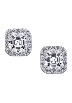 KIERA Rhodium Plated Sterling Silver 6 Millimeter Cubic Zirconia Asscher Cut Halo Stud Earring -Kiera Sales Store Belk 555