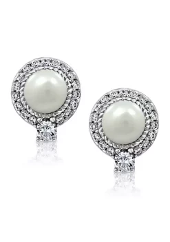 KIERA Rhodium Plated Sterling Silver Round Halo Pearl Stud Earrings -Kiera Sales Store Belk 565