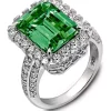 KIERA Platinum Plated Sterling Silver Cubic Zirconia Emerald Cut Simulated Gem Halo Cocktail Ring