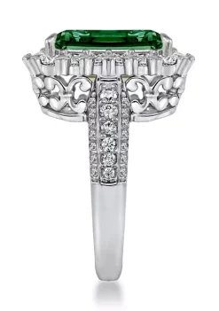 KIERA Platinum Plated Sterling Silver Cubic Zirconia Emerald Cut Simulated Gem Halo Cocktail Ring -Kiera Sales Store Belk 600