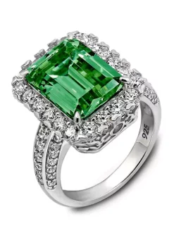 KIERA Platinum Plated Sterling Silver Cubic Zirconia Emerald Cut Simulated Gem Halo Cocktail Ring -Kiera Sales Store Belk 601