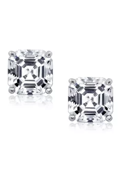 KIERA Rhodium Plated Sterling Silver 8 Millimeter Cubic Zirconia Asscher Pave Gallery Stud Earring