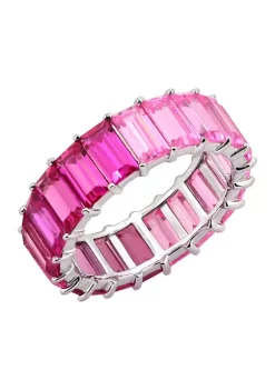 KIERA Rhodium Plated Sterling Silver Multicolored Princess Baguette Sterling Silver Eternity Band Ring