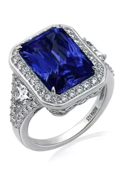 KIERA Platinum Plated Sterling Silver Cubic Zirconia Radiant Halo Cocktail Ring