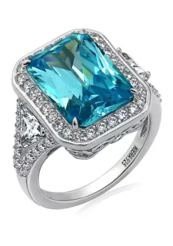 KIERA Platinum Plated Sterling Silver Cubic Zirconia Radiant Halo Cocktail Ring -Kiera Sales Store Belk 656