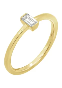 KIERA Yellow Gold Plated Sterling Silver Cubic Zirconia White Baguette Cut Solitaire Daity Ring