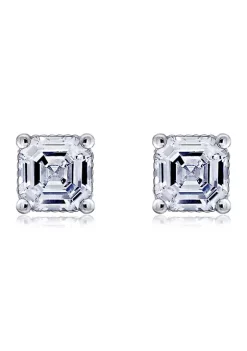 KIERA Rhodium Plated Sterling Silver 4 Millimeter Cubic Zirconia Asscher Cut Solitaire Rope Gallery Stud Earring -Kiera Sales Store Belk 683