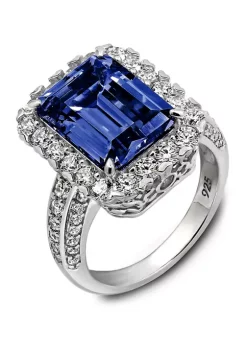 KIERA Platinum Plated Sterling Silver Cubic Zirconia Emerald Cut Simulated Gem Halo Cocktail Ring -Kiera Sales Store Belk 701