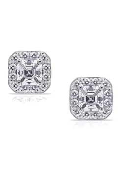 KIERA Rhodium Plated Sterling Silver 4 Millimeter Cubic Zirconia Asscher Cut Halo Stud Earring -Kiera Sales Store Belk 721
