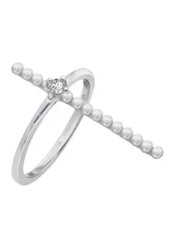 KIERA Platinum Plated Sterling Silver Cubic Zirconia Cross Beaded Ring