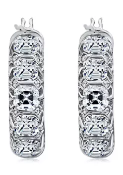 KIERA Rhodium Plated Sterling Silver 5.27 ct. t.w. Cubic Zirconia Clear Asscher Cut Huggie Hoop Earring