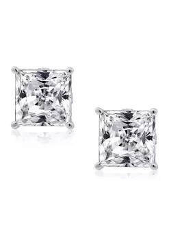 KIERA Rhodium Plated Sterling Silver 8 Millimeter Cubic Zirconia Princess Cut Rope Gallery Stud Earring