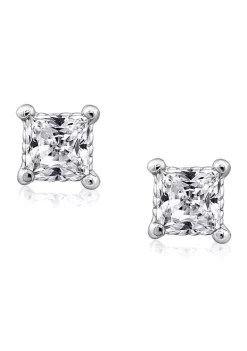KIERA Rhodium Plated Sterling Silver 3 Millimeter Cubic Zirconia Princess Cut Rope Gallery Stud Earring