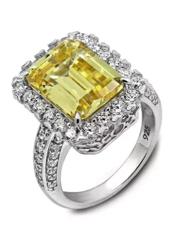 KIERA Platinum Plated Sterling Silver Cubic Zirconia Emerald Cut Simulated Gem Halo Cocktail Ring