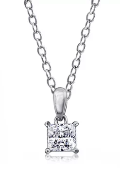 KIERA Rhodium Plated Sterling Silver Cubic Zirconia Princess Cut Solitaire Pendant Necklace