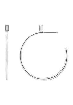 KIERA Platinum Plated Sterling Silver 3/5 ct. t.w. Baguette Cut Cubic Zirconia Open Half Hoop Stud Earrings