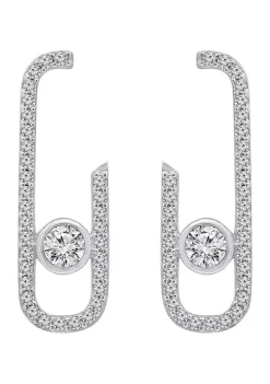 KIERA Platinum Plated Sterling Silver Cubic Zirconia Front Facing J-Shaped Drop Stud Earrings