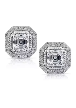 KIERA Platinum Plated Sterling Silver 3 ct. t.w. Cubic Zirconia Asscher Halo Rope Stud Earring