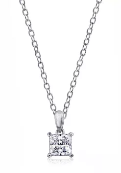 KIERA Rhodium Plated Sterling Silver Cubic Zirconia Princess Cut Solitaire Pendant Necklace