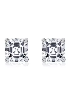 KIERA Rhodium Plated Sterling Silver 5 Millimeter Cubic Zirconia Asscher Cut Solitaire Rope Gallery Stud Earring
